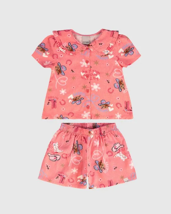 Conjunto Infantil Menina Estampado Camisa Gola Babado Em Viscose Malwee Kids Rosa - 2