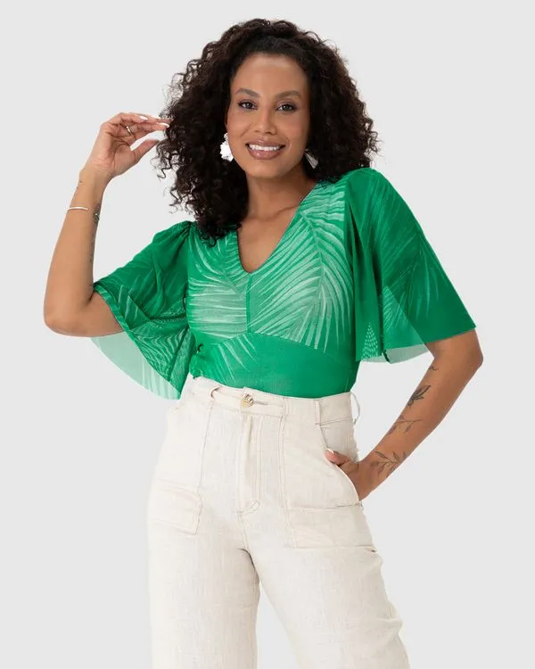 Blusa Cropped Feminina Estampada Decote V Em Tule Stretch Verde - P