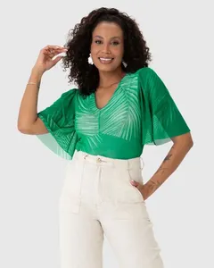 Blusa Cropped Feminina Estampada Decote V Em Tule Stretch Verde - G