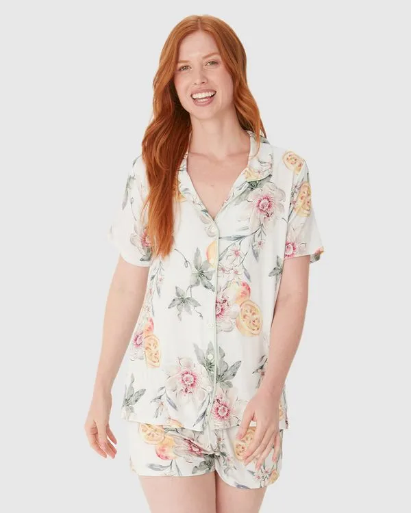 Pijama Curto Feminino Americano Estampado Em Viscose Stretch Off White - XGG