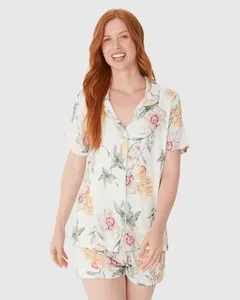 Pijama Curto Feminino Americano Estampado Em Viscose Stretch Off White - XGG