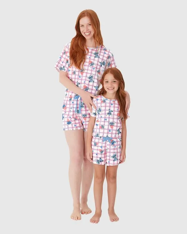 Pijama Curto Feminino Estampado Stitch Disney Em Algodão Off White - G