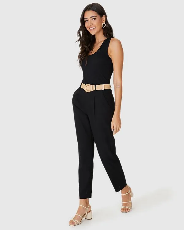 Calça Reta Feminina Cintura Alta Acompanha Cinto Em Viscolinho Preto - P