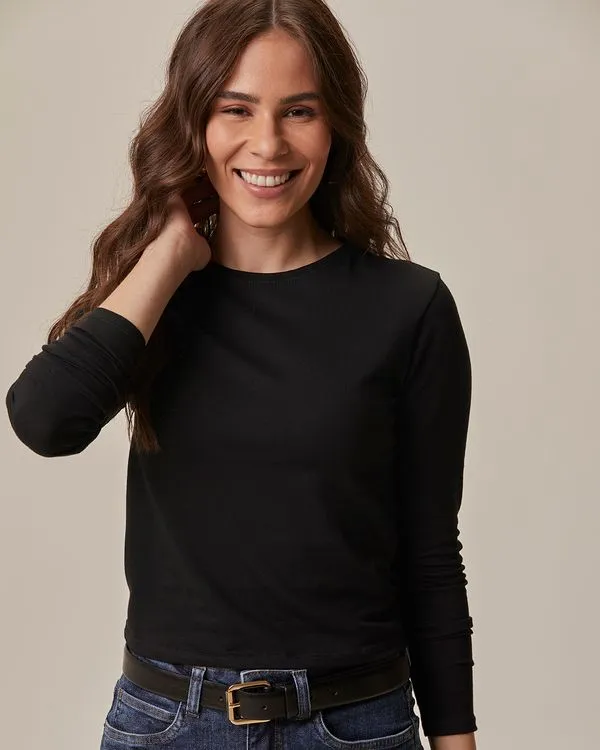 Blusa Cropped Feminina Decote Redondo Manga Longa Em Algodão Preto - GG