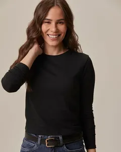 Blusa Cropped Feminina Decote Redondo Manga Longa Em Algodão Preto - XGG