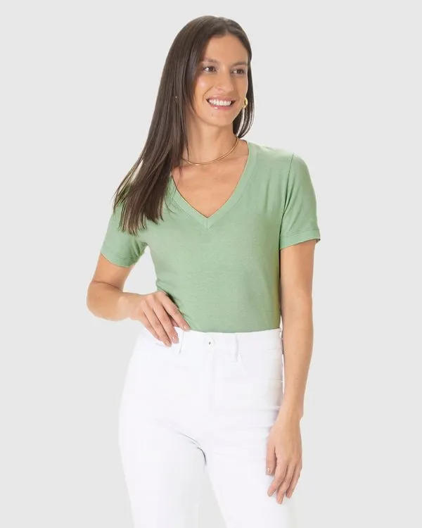 Blusa Básica Feminina Decote V Manga Curta Em Malha Linho Verde - G