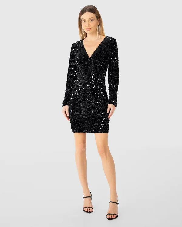 Vestido Feminino Manga Longa Decote V Em Veludo Com Paetê - ENFIM Preto - G