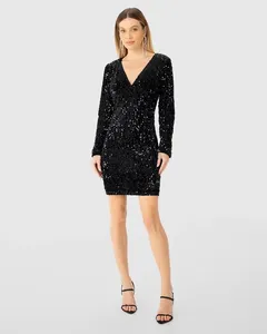 Vestido Feminino Manga Longa Decote V Em Veludo Com Paetê - ENFIM Preto - G