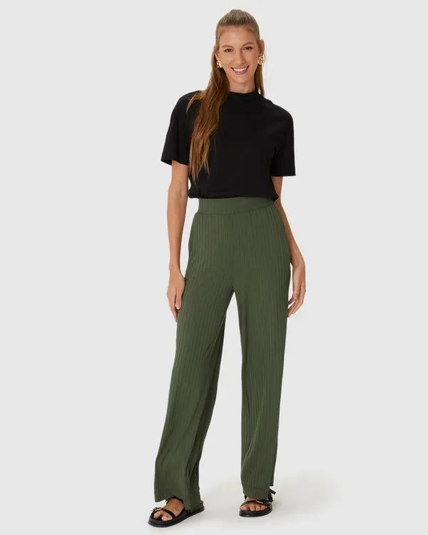 Calça Wide Leg Feminina Cintura Alta Em Malha Canelada De Viscose Verde - GG