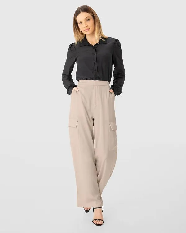 Camisa Feminina Mangas Bufantes Em Tecido Algodão Com Seda - ENFIM Preto - G