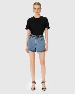 Shorts Feminino Cintura Alta Acompanha Cinto Em Jeans 100% Algodão - ENFIM Azul - 46
