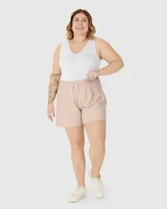 Shorts Feminino Plus Size Cadarço Frontal Em Moletom Texturizado Bege - G4