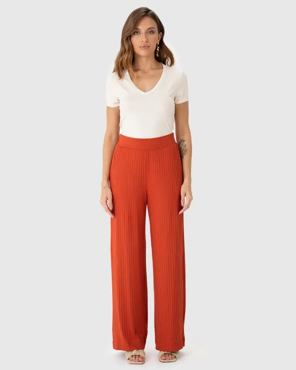Calça Wide Leg Feminina Cintura Alta Em Malha Canelada De Viscose Laranja - M