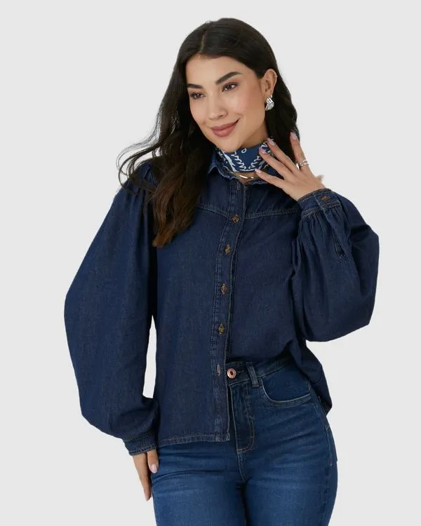 Camisa Feminina Manga Longa Com Pregas Em Jeans 100% Algodão Azul - P