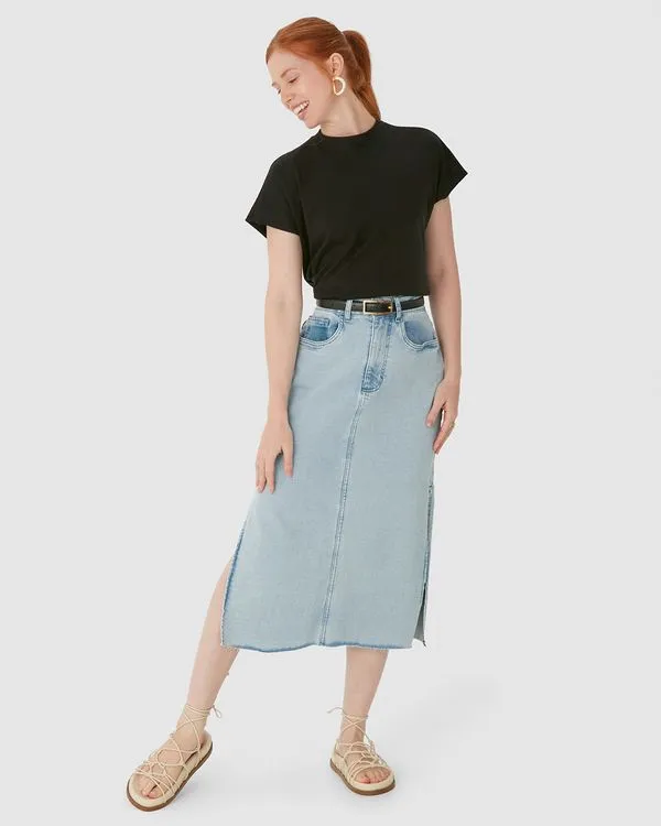 Saia Midi Feminina Fenda Lateral Barra Corte A Fio Em Jeans Com Elastano Azul - 46