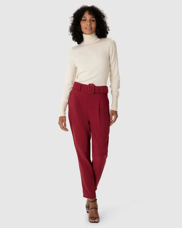 Calça Alfaiataria Feminina Com Cinto E Bolso Lateral Vermelho - M