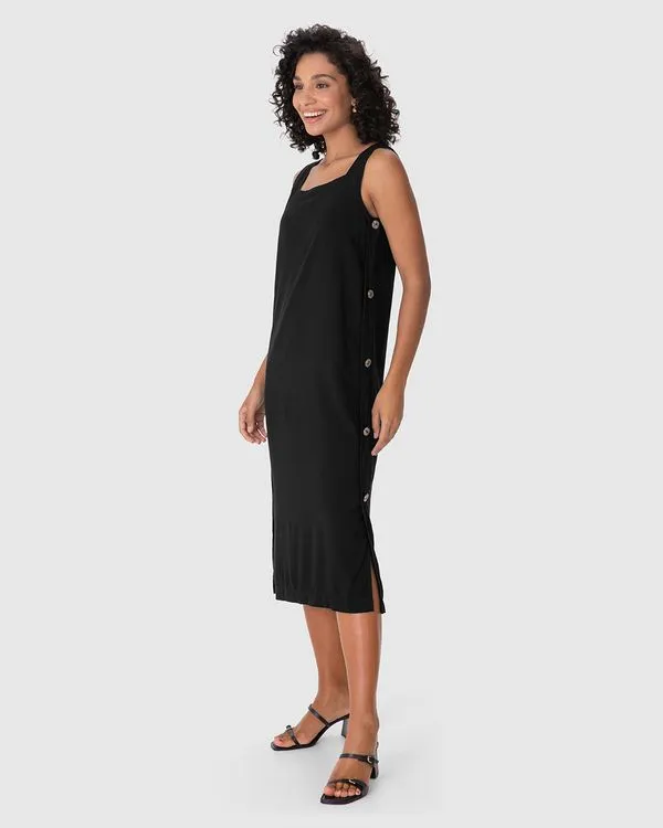 Vestido Midi Feminino Abotoamento Lateral Em Viscose Flamê Preto - GG