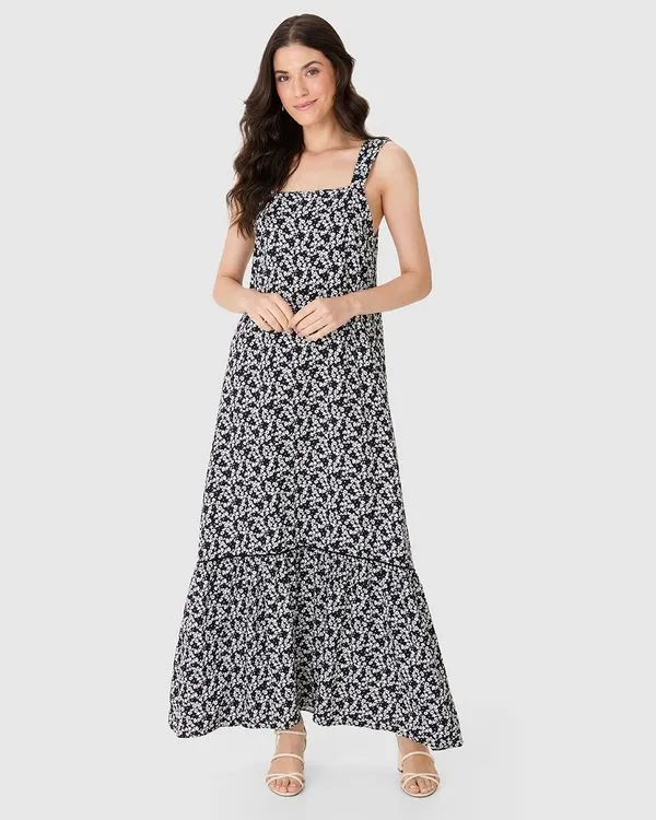 Vestido Longo Feminino Amplo Estampa Floral Em Viscose Preto - P