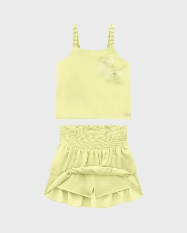 Conjunto Menina Regata Aplique Bordado Em Viscose - Carinhoso Amarelo - 4