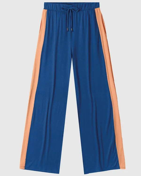 Calça Wide Leg Feminina Recorte Lateral Em Viscose Stretch Azul - M