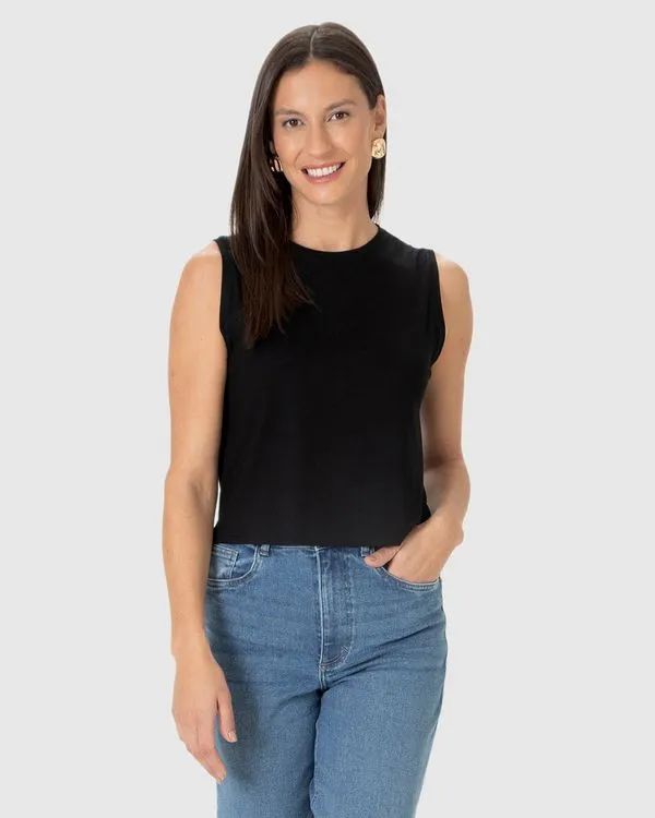 Regata Básica Feminina Long Cropped Em Viscose Stretch Preto - G