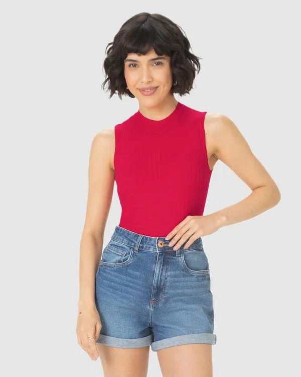Regata Básica Feminina Justa Gola Alta Em Malha Viscose Canelada Rosa - PP