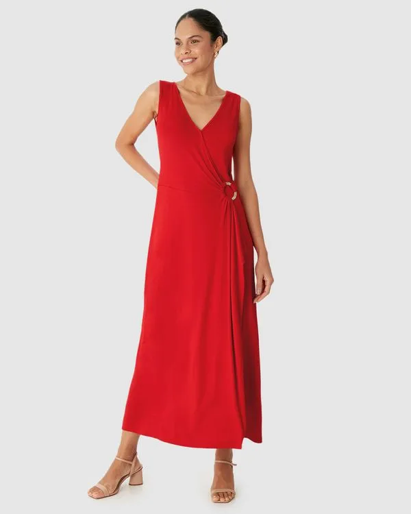 Vestido Midi Feminino Transpassado Detalhe Com Argola Em Viscose Stretch Vermelho - XGG