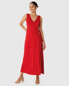 Vestido Midi Feminino Transpassado Detalhe Com Argola Em Viscose Stretch Vermelho - P