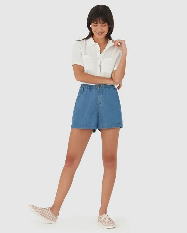 Shorts Feminino Cós Elástico Em Jeans Leve Soft Azul - 38