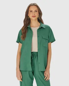 Camisa Feminina Com Bolso Funcional Em Viscolinho Verde - GG
