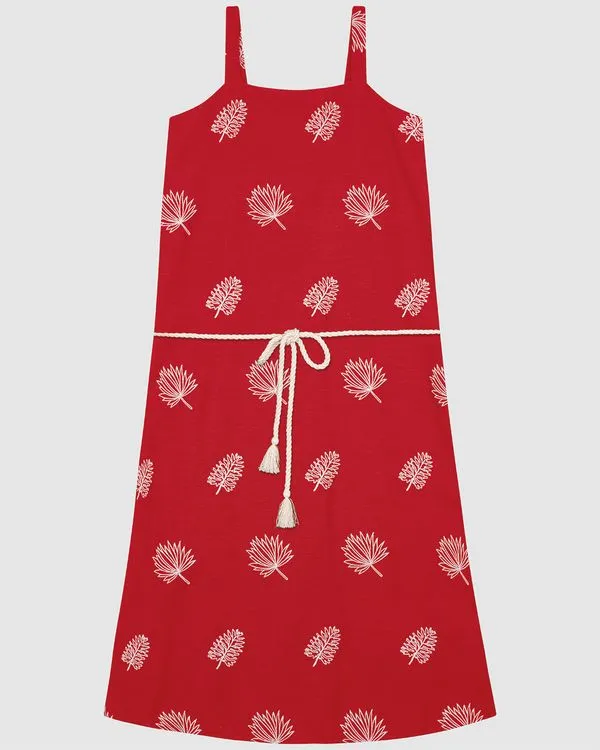 Vestido Midi Feminino Cinto De Corda Em Tecido Bordado Vermelho - M