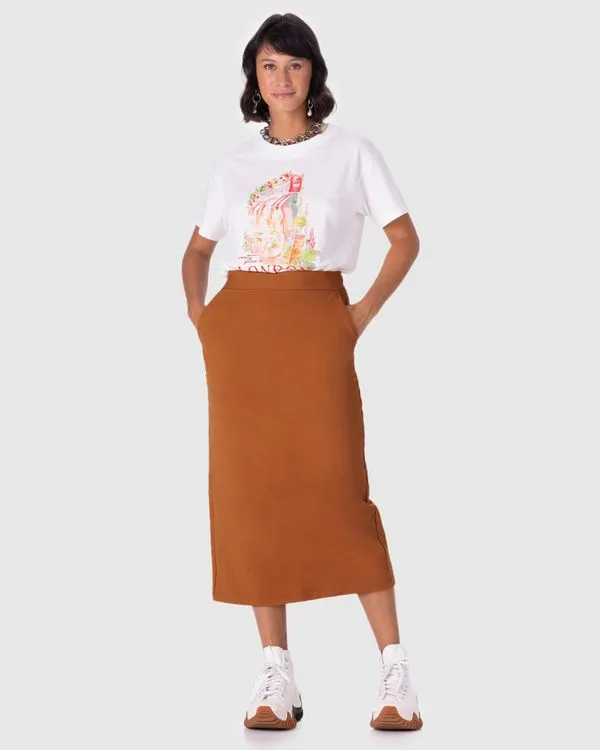 Saia Midi Feminina Fenda Costas Em Moletom Stretch Flanelado Marrom - G