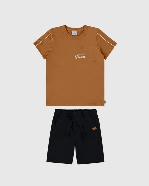 Conjunto Infantil Menino Camiseta + Bermuda Em Sarja Stretch Malwee Kids Marrom - 18