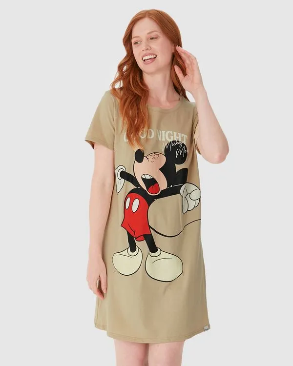 Camisola Feminina Mickey Good Night Em Malha Algodão Bege - GG