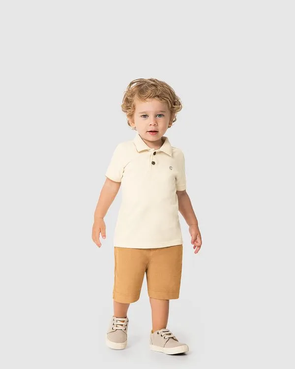 Conjunto Menino Camisa Polo E Bermuda Em Moletom Sarjado - Carinhoso Off White - 4