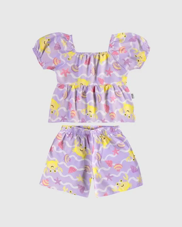 Conjunto Infantil Menina Blusa E Shorts Estampa Caranguejos Malwee Kids Roxo - 8