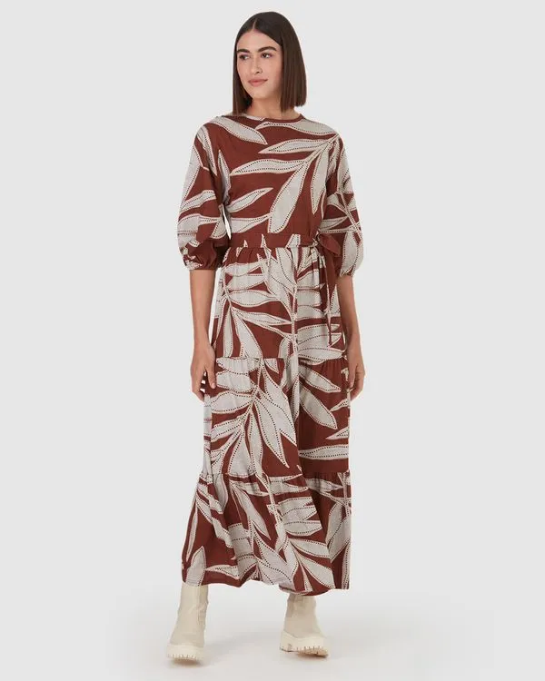 Vestido Midi Feminino Folhas Manga 3/4 Em Algodão Marrom - P