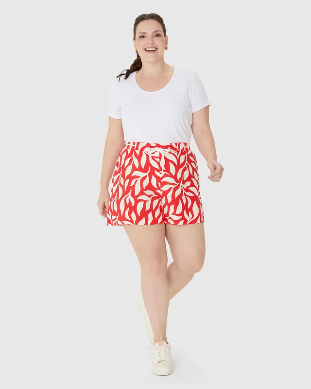 Shorts Feminino Plus Size Cadarço Frontal Estampado Em Viscose