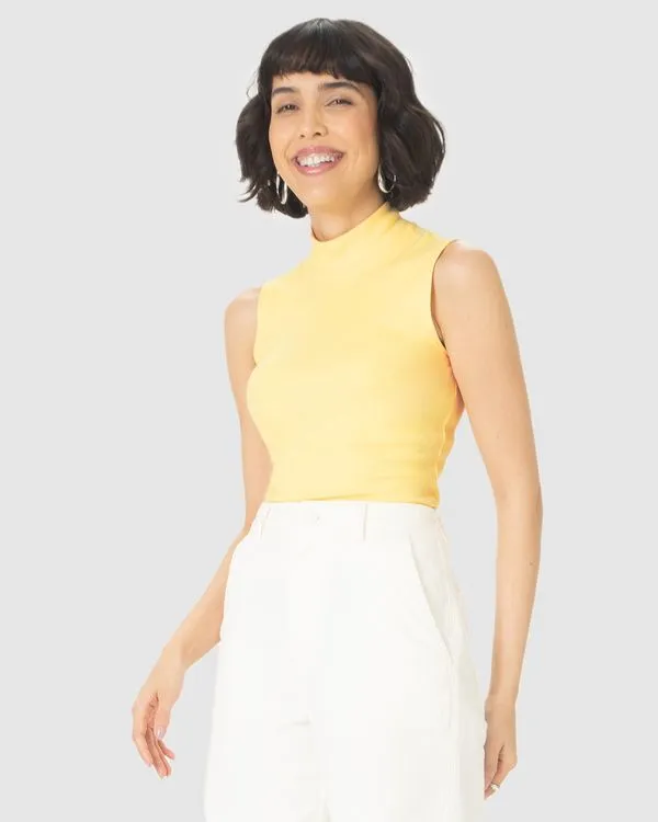 Regata Básica Feminina Gola Alta Em Ribana Amarelo - P