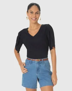 Blusa Box Feminina Decote V Fenda Lateral Em Viscolinho Preto - M