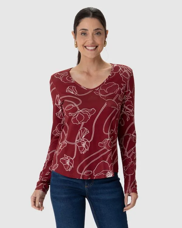 Blusa Feminina Decote V Bolso Funcional Estampada Em Viscose Stretch Vermelho - P