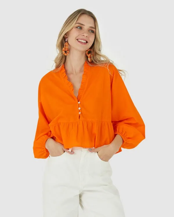Camisa Feminina Gola V Babados Em Tricoline Laranja - G