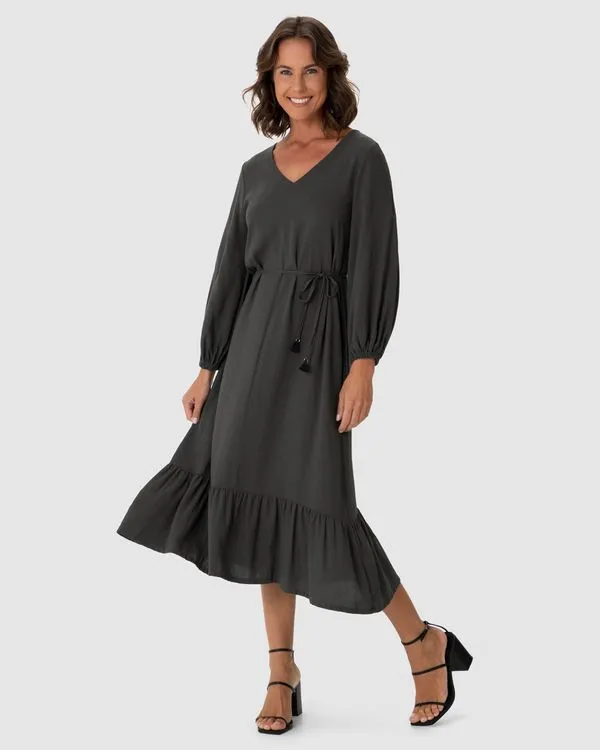 Vestido Midi Feminino Amplo Manga 7/8 Em Viscolinho Cinza - GG