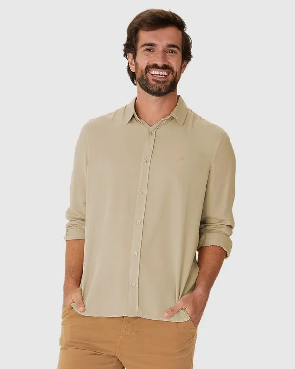 Camisa Masculina Regular Bordado Peitoral Em Liocel Marrom - XGG