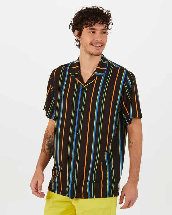 Camisa Masculina Oversized Listrada Em Viscose Preto - G
