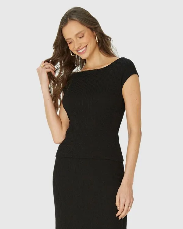 Blusa Justa Feminina Decote Canoa Em Malha Texturizada Preto - G