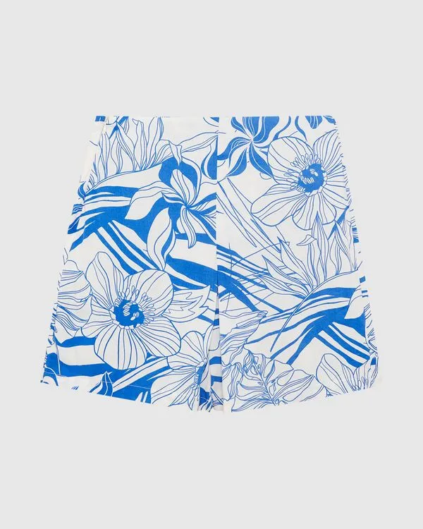 Shorts Feminino Floral Com Pregas Em Viscose Azul - M