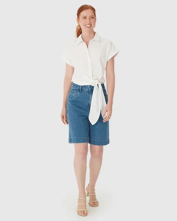 Bermuda Feminina Jorts Bolso Funcional Em Jeans Com Elastano Azul - 42