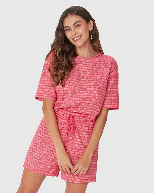Blusa Ampla Feminina Manga Curta Em Malha Tweed E Moletinho Rosa - G