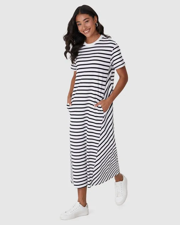 Vestido Midi Feminino Listrado Bolso Funcional Em Malha Algodão Off White - GG
